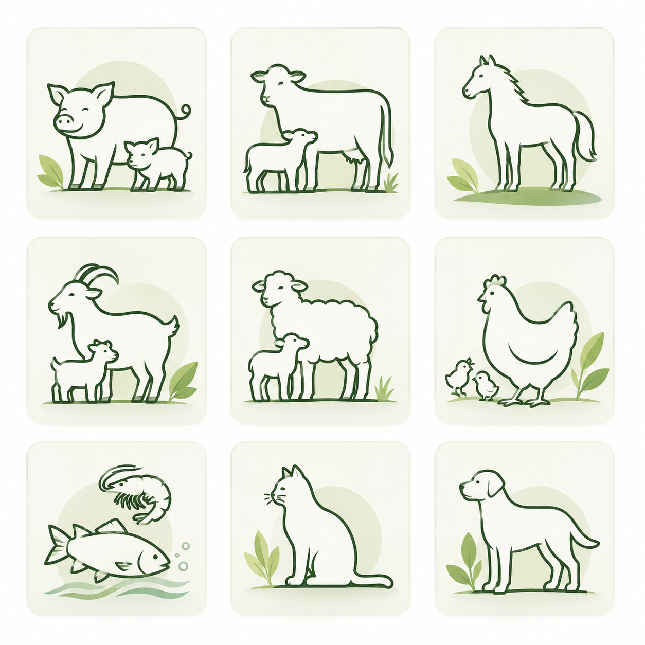 Farm and companion animals: pigs, cows, horses, goats, sheep, poultry, fish, cats, and dogs